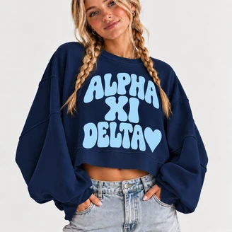 Alpha Xi Delta Cropped Sweatshirt – Long Sleeve Loose Fit Pullover with Side Slits
