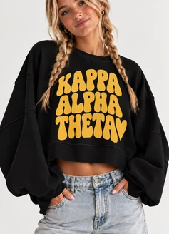 Kappa Alpha Theta Cropped Sweatshirt – Long Sleeve Loose Fit Pullover with Side Slits