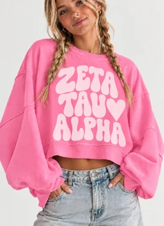 Zeta Tau Alpha Cropped Sweatshirt – Long Sleeve Loose Fit Pullover with Side Slits