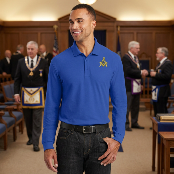 DISCOUNT-Mason / Freemason Emblem Long Sleeve Polo