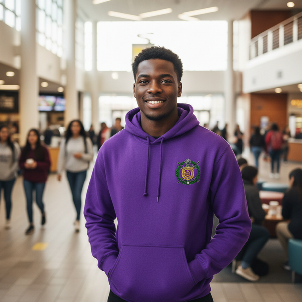 DISCOUNT-Omega Psi Phi Crest - Shield Emblem Hooded Sweatshirt