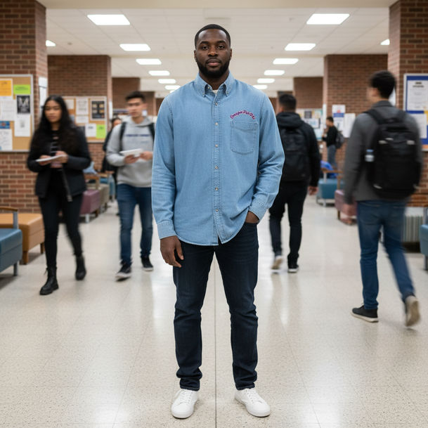 DISCOUNT-Omega Psi Phi Denim Shirt - Script Letters