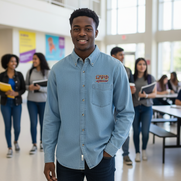 DISCOUNT-Omega Psi Phi Denim Shirt - Tail