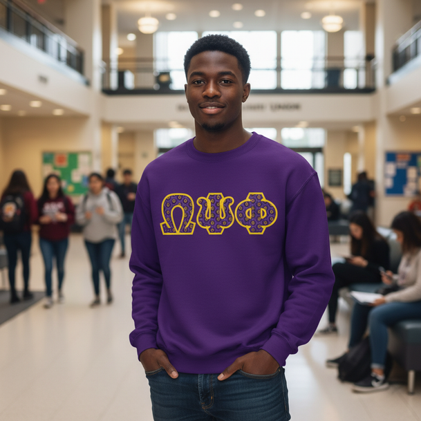 Omega Psi Phi Fraternity Crest - Shield Twill Letter Crewneck Sweatshirt