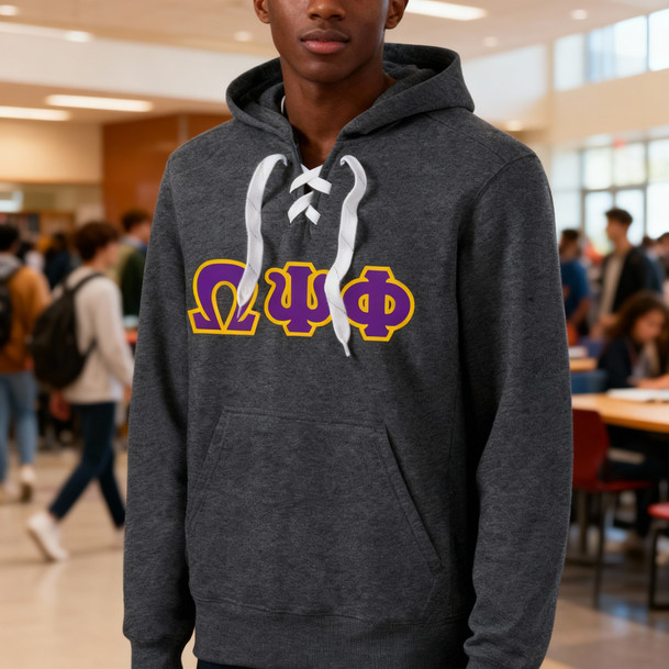 DISCOUNT-Omega Psi Phi Lace Up Pullover Hooded Sweatshirt