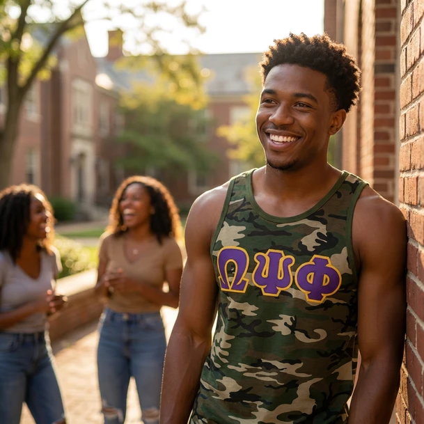 DISCOUNT-Omega Psi Phi Lettered Camouflage Tank