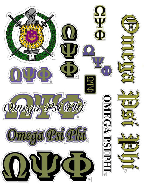 Omega Psi Phi Multi Greek Decal Sticker Sheet