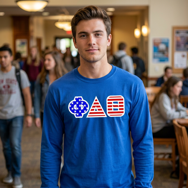 DISCOUNT-Phi Delta Theta Greek Letter American Flag long sleeve tee