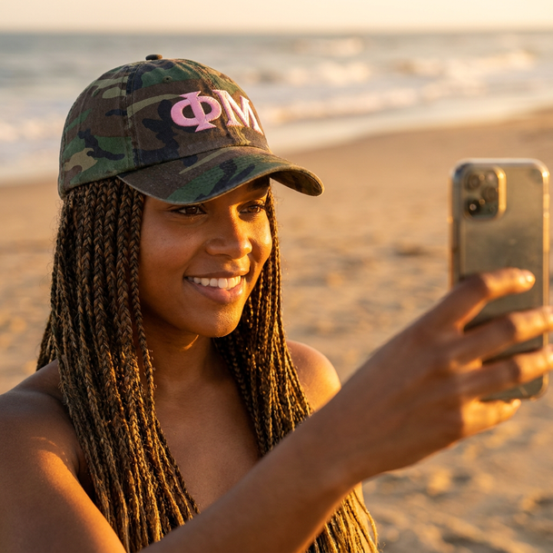 Phi Mu Lettered Camouflage Hat