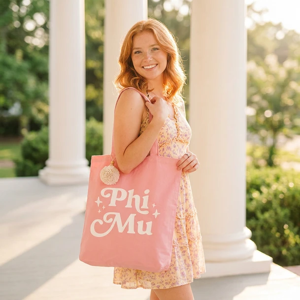 Phi Mu Retro Pom Pom Tote Bag