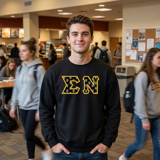 Sigma Nu Fraternity Crest - Shield Twill Letter Crewneck Sweatshirt