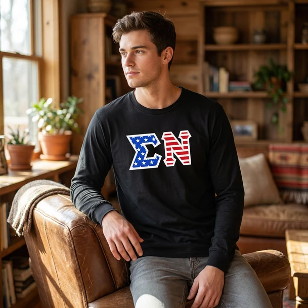 DISCOUNT-Sigma Nu Greek Letter American Flag long sleeve tee