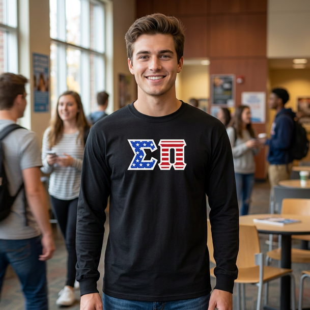 DISCOUNT-Sigma Pi Greek Letter American Flag long sleeve tee