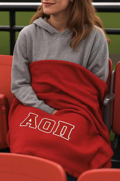 DISCOUNT-Alpha Omicron Pi Lettered Twill Sweatshirt Blanket