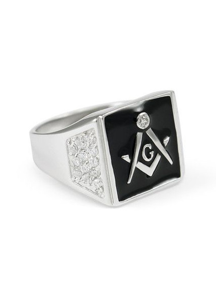 Sterling Silver Mason / Freemason Ring With Black Enamel