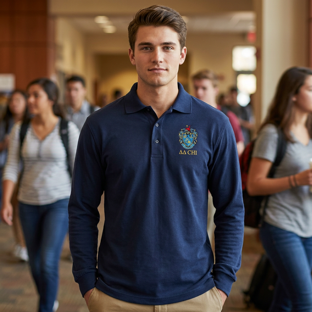 DISCOUNT-Theta Xi Crest - Shield Emblem Long Sleeve Polo