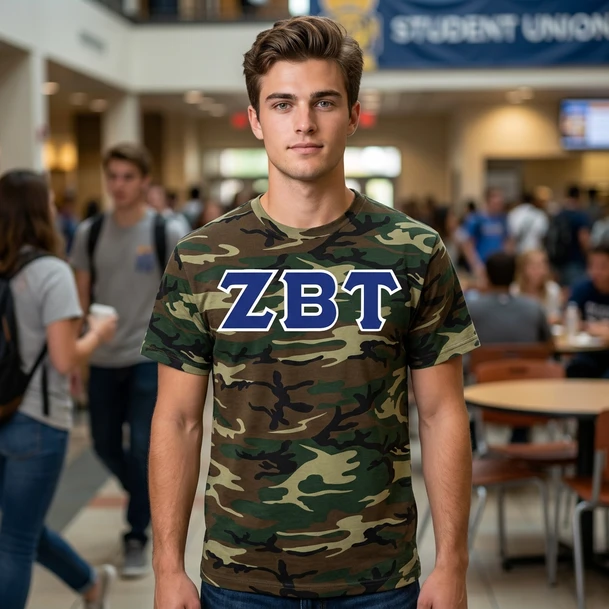 DISCOUNT- Zeta Beta Tau Lettered Camouflage T-Shirt