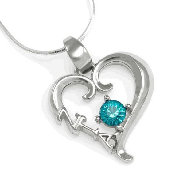 TCS Zeta Tau Alpha Sterling Silver Heart Pendant with Swarovski Turquoise Crystal 