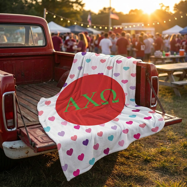 Alpha Chi Omega Hearts Tan Sherpa Blanket - Giant Size!