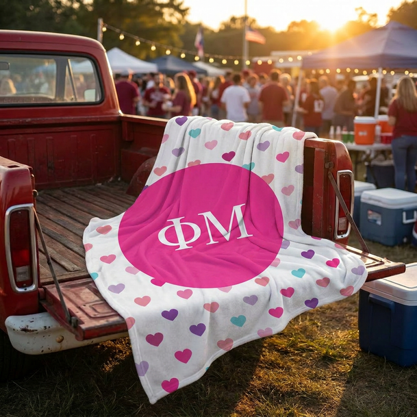 Phi Mu Hearts Tan Sherpa Blanket - Giant Size!