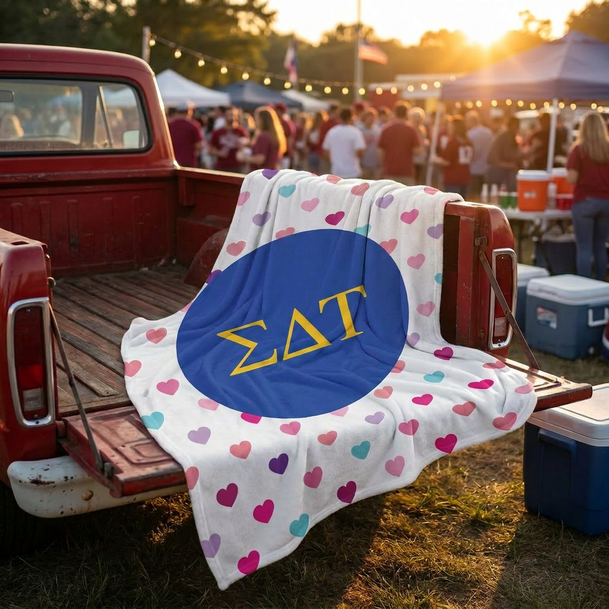 Sigma Delta Tau Hearts Tan Sherpa Blanket - Giant Size