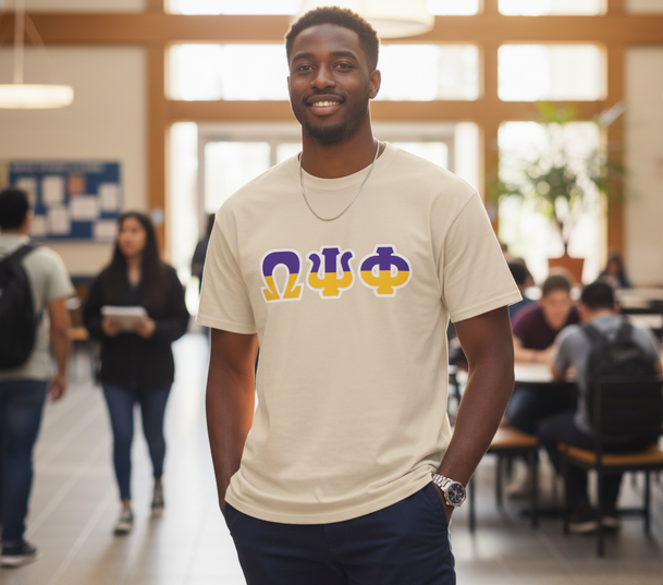 Omega Psi Phi Two Toned Greek Lettered T-shirts