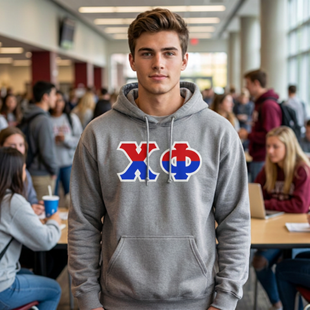 Chi Phi Two Toned Greek Lettered Hooded Sweatshirts