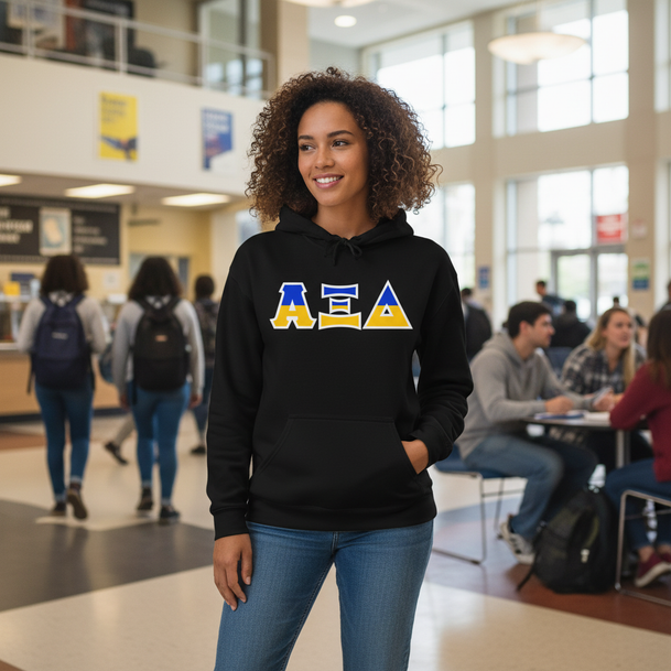 Alpha Xi Delta Two Tone Lettered Hooded Sweatshirts