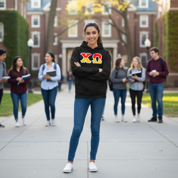 Chi Omega Two Tone Lettered Hooded Sweatshirts