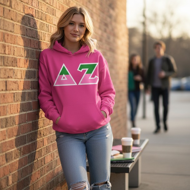 Delta Zeta Two Tone Lettered Hooded Sweatshirts