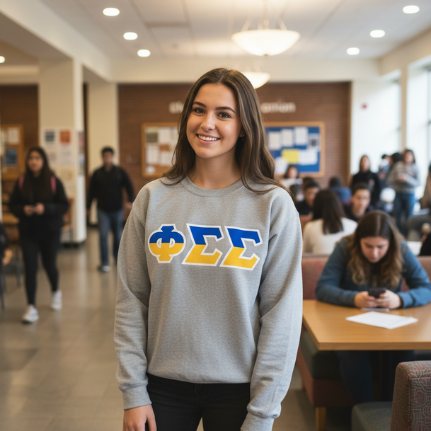 Phi Sigma Sigma Two Tone Lettered Crew Sweatshirts