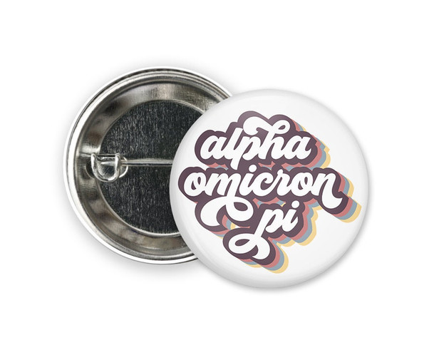 AOII Alpha Omicron Pi Retro Script  Greek Pinback Sorority  Button