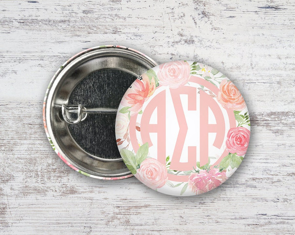 ASA Alpha Sigma Alpha Pretty In Pink Floral  Greek Pinback Sorority  Button