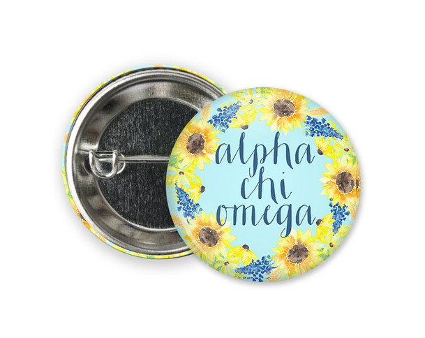 AXO Alpha Chi Omega Sunflower  Greek Pinback Sorority  Button