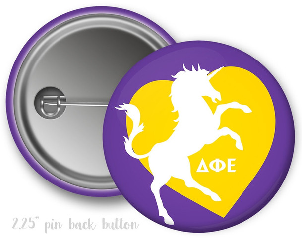 DPhiE Delta Phi Epsilon Heart Unicorn Button
