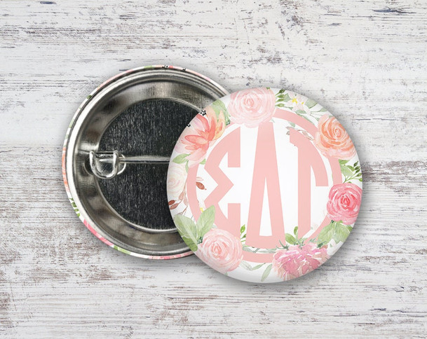 SDT Sigma Delta Tau Pretty In Pink Floral  Greek Pinback Sorority  Button