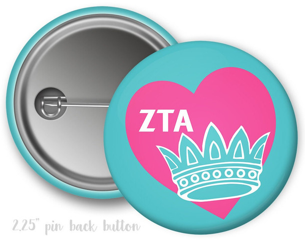 ZTA Zeta Tau Alpha Heart Crown Button