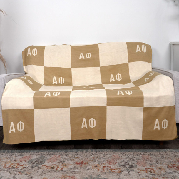 Alpha Phi Acrylic Checkerboard Beige Throw Blankets