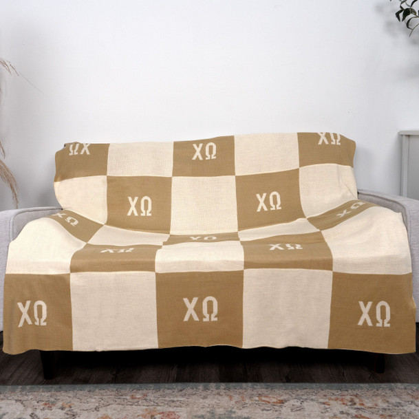 Chi Omega Acrylic Checkerboard Beige Throw Blankets