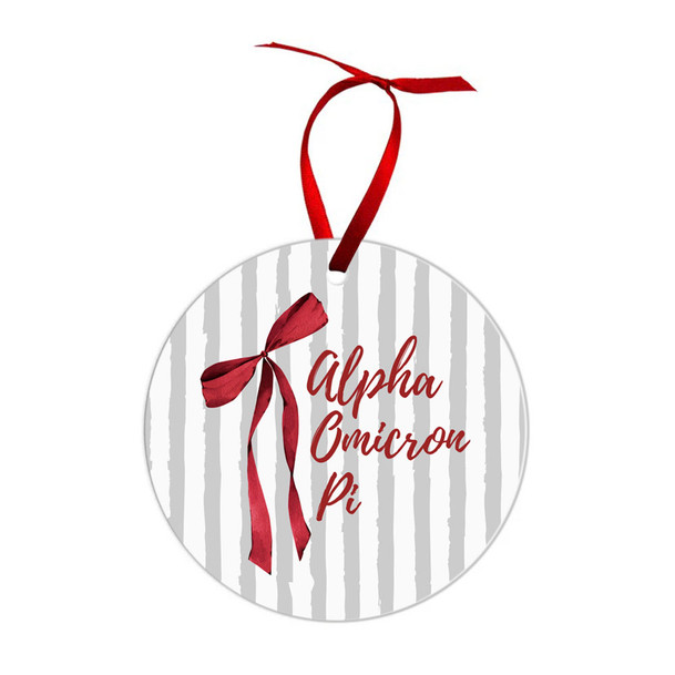 Alpha Omicron Pi Bow Ribbon Christmas Ornaments