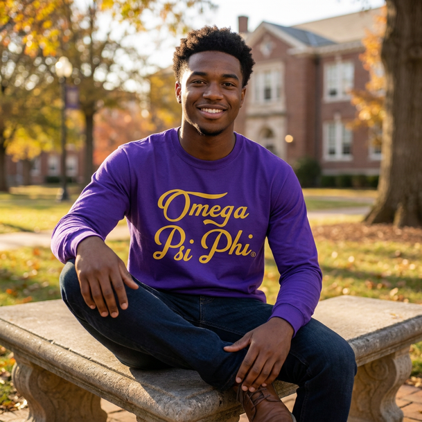 Omega Psi Phi Script Long Sleeve T-Shirt – Where Royalty Resides, 1911