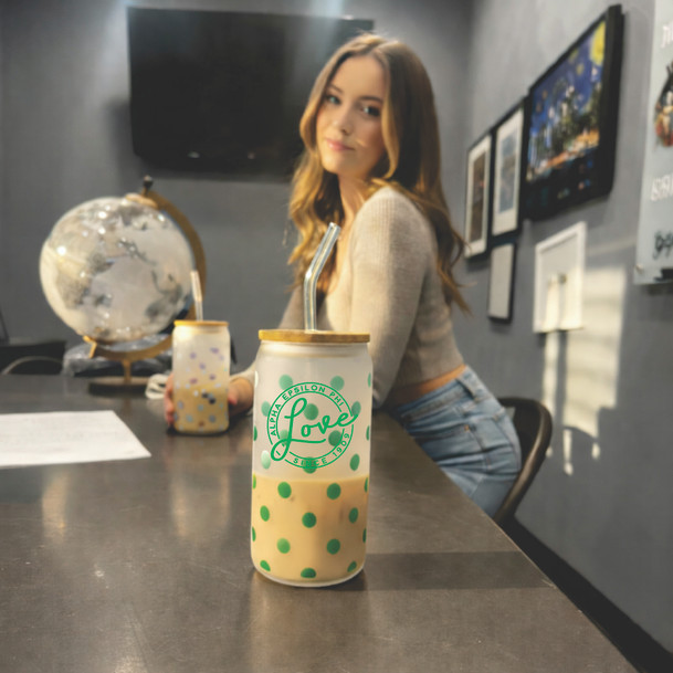 Alpha Epsilon Phi Polka Dot Frosted Glass Can With Bamboo Lid and Straw, 16oz