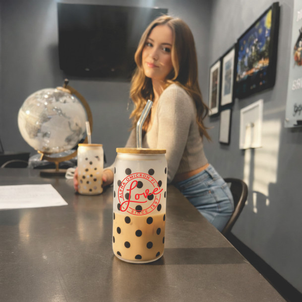 Alpha Omicron Pi Polka Dot Frosted Glass Can With Bamboo Lid and Straw, 16oz