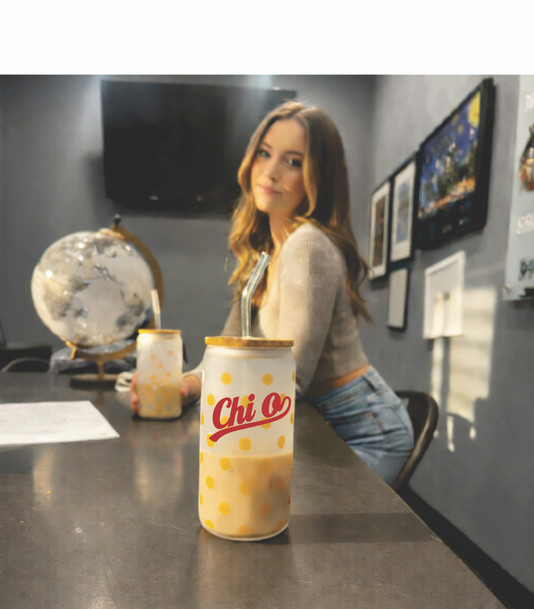 Chi Omega Polka Dot Frosted Glass Can With Bamboo Lid and Straw, 16oz