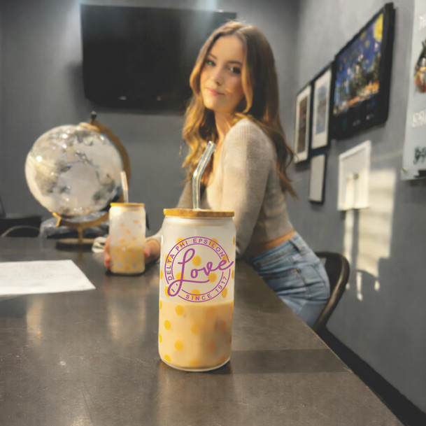 Delta Phi Epsilon Polka Dot Frosted Glass Can With Bamboo Lid and Straw, 16oz