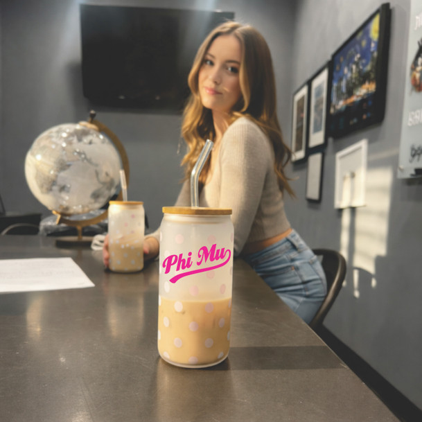 Phi Mu Polka Dot Frosted Glass Can With Bamboo Lid and Straw, 16oz