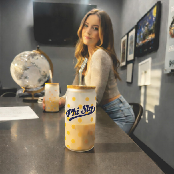 Phi Sigma Sigma Polka Dot Frosted Glass Can With Bamboo Lid and Straw, 16oz