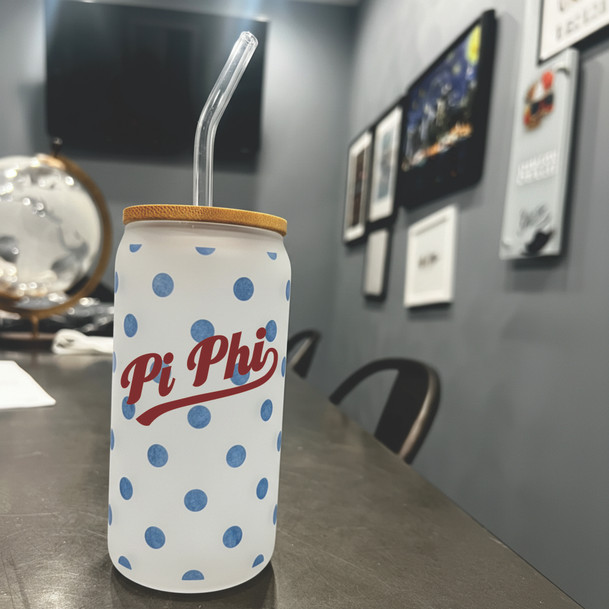 Pi Beta Phi Polka Dot Frosted Glass Can With Bamboo Lid and Straw, 16oz