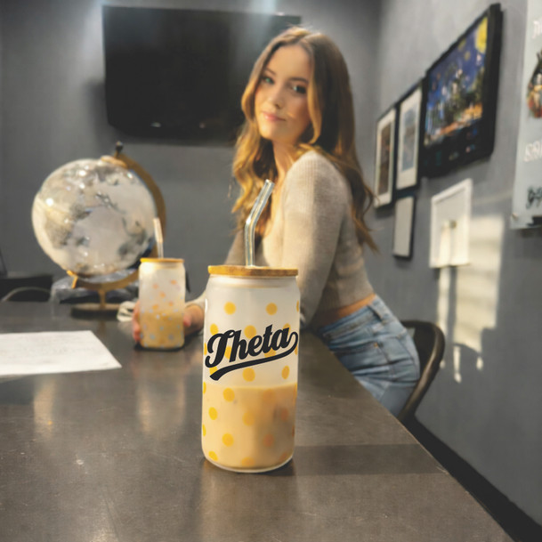 Kappa Alpha Theta Polka Dot Frosted Glass Can With Bamboo Lid and Straw, 16oz