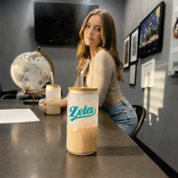 Zeta Tau Alpha Polka Dot Frosted Glass Can With Bamboo Lid and Straw, 16oz